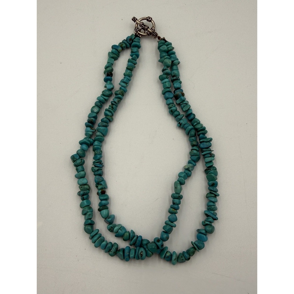 Vintage Turquoise Nugget Chip 17" Necklace Double Strand Beads Sterling Silver